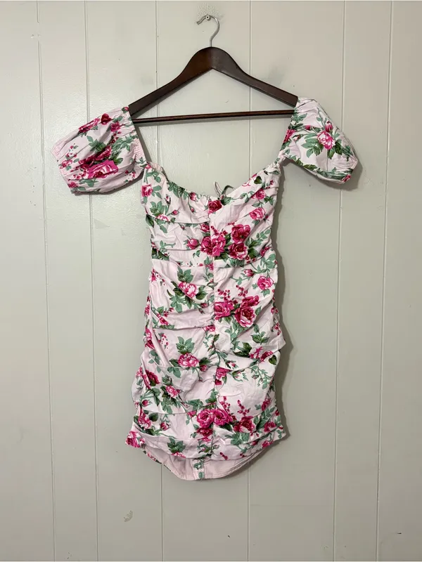 Hello Molly Find An Oasis Mini Dress Pink Floral Puff Sleeve Ruched Size M NWT - Image 14