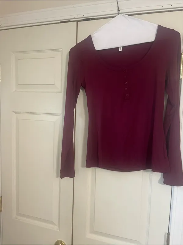 HALARA Burgundy Scoop-Neck Long Sleeve Henley - Image 2