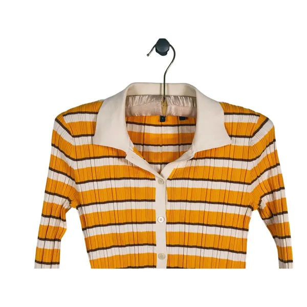 Theory Women Hudson Striped Polo Cardigan Size S Mustard Yellow 70s Preppy Retro - Image 5