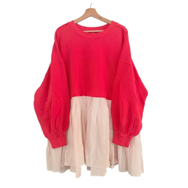 FREE PEOPLE Eleanor Layered Sweatshirt Minidress Watermelon Wedge Combo Size L - Image 3