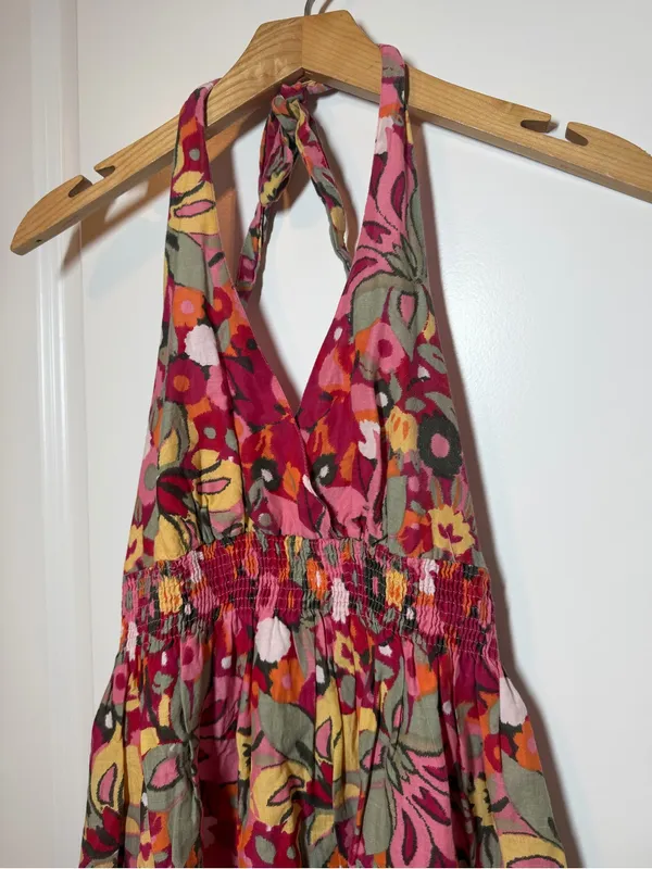No Boundaries Pink Floral Boho Cotton Halter Midi Dress with Multicolor Print - Image 2