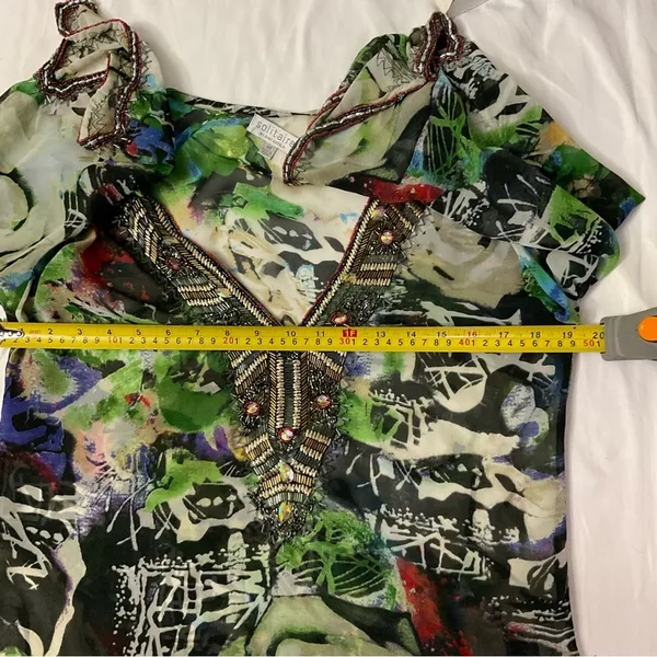 Solitaire Ravi Khosla Embellished V-Neck Caftan Swim Beach Coverup M Boho Print - Image 6