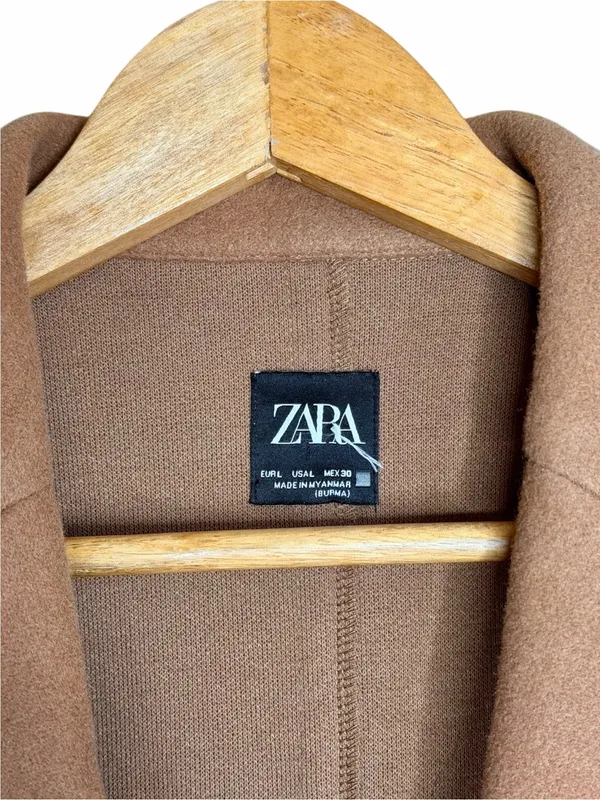 Zara Women L Camel Brown Open Lapel Long Coat Minimalist Quiet Luxury Overcoat - Image 4