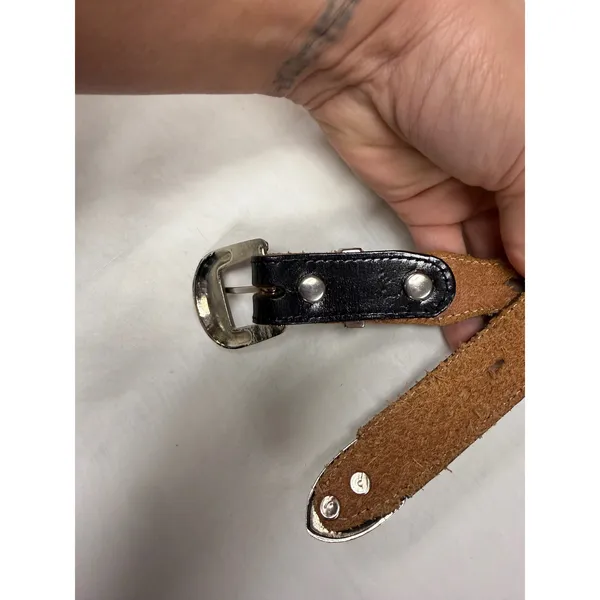 Vintage Black Genuine Leather Western Concho Belt SilverTone Buckle Boho Cowgirl - Image 3