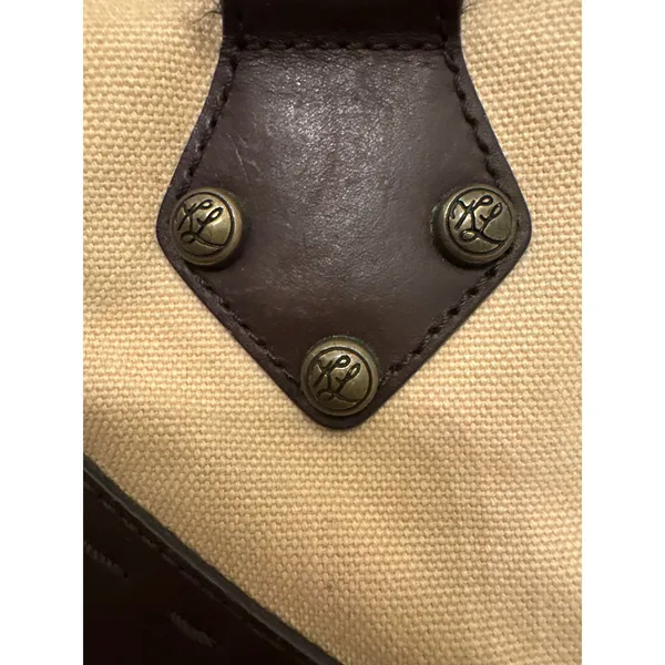 Kate Landry Brown Leather Tan Canvas Shoulder Bag Crest Braided Straps Boho - Image 3