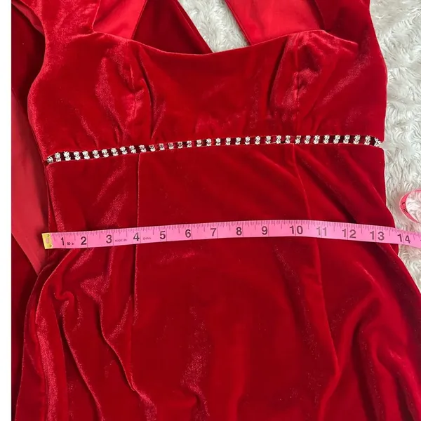 Vintage 90s Sz 4 Red Velvet Rhinestone Empire Waist Cap Sleeve Maxi Dress Gown - Image 7