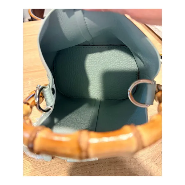 Pretty Persuasions Bamboo Handle Pebble Leather Bucket‎ Sage Green Crossbody NwT - Image 7