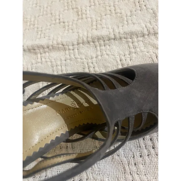 MARY CHING $399 Jennifer Platform Shoe Stiletto Heels Gray Suede Size 37 7 Peep - Image 4
