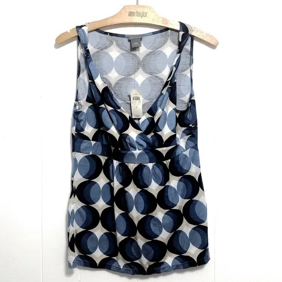 Ann Taylor Tank Blue White Beige Geo Print Office Chic Summer Top S - Image 2