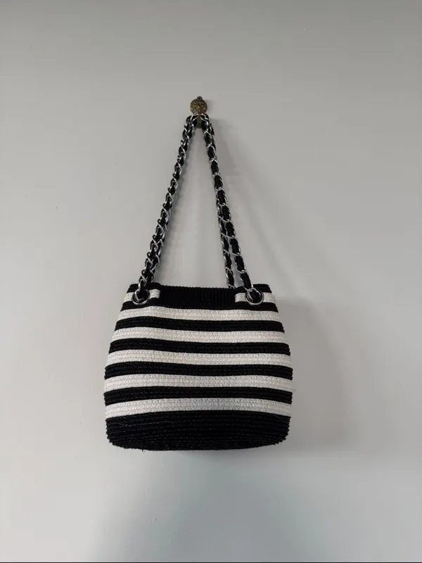 Striped Black and Cream Shoulder Bag with Chain Strap Black - Image 3