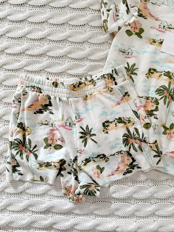 LC Lauren Conrad Cream Tropical Print Short Sleeve Top & Shorts Set - Image 3