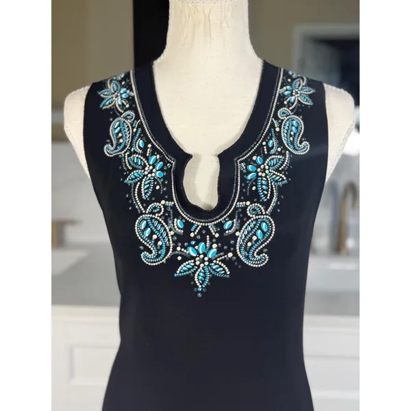 Team Athletics Beaded Paisley Tank Top Womens Medium Black Turquoise Sleeveless Split Neck - Image 4