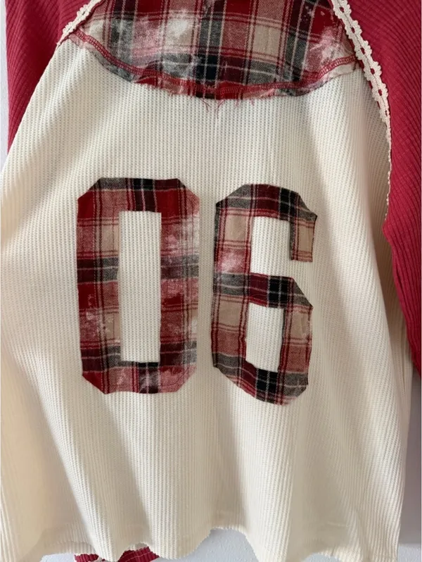 NWT POL Varsity Waffle Knit Raspberry # Thermal Plaid Patchwork size medium - Image 4
