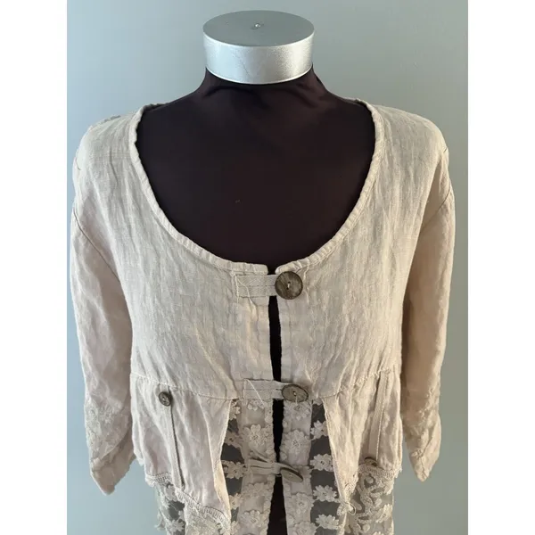 Linen Blouse Jacket Womens XL Blush Pink Lace Detail Boho Fairy Whimsy Coquette - Image 2