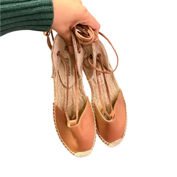 SALUDOS Wrap Gladiator Leather Tan Espadrille Flats Size 6 - Image 4