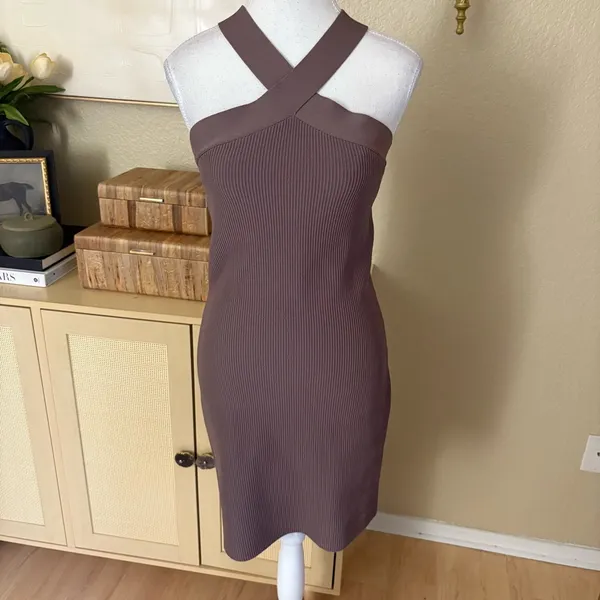 ARITZIA BABATON Sculpt Knit Criss Cross Mini Ribbed Dress Brown Size Large‎ - Image 3