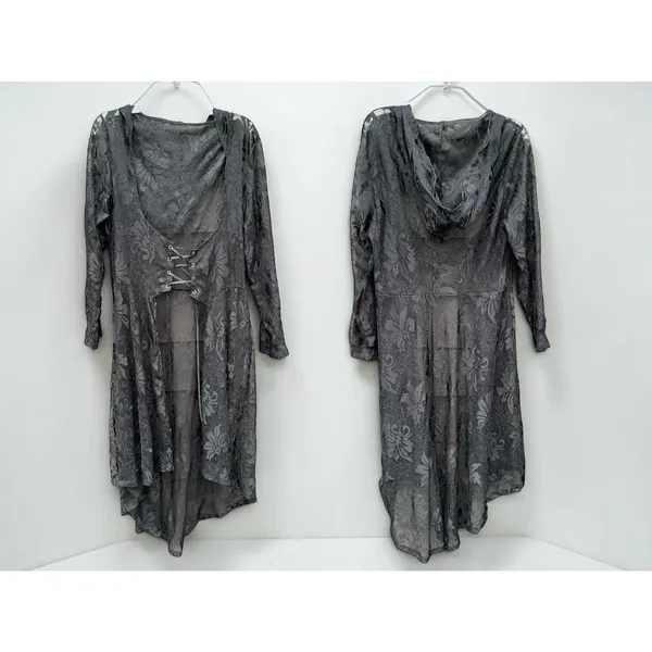 Whimsigoth Witchy Goth Hooded Sheer Lace Maxi Duster Cardigan Black Victorian M - Image 4