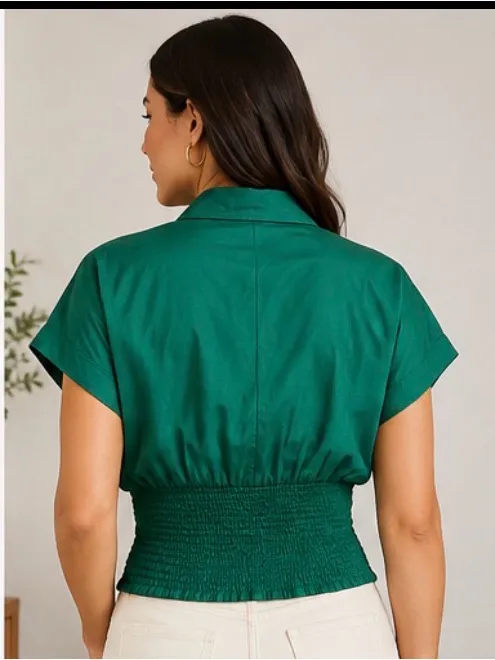 Maeve by Anthropologie Women’s Emerald Green Smocked Waist Zip-Front Top Size S - Image 6