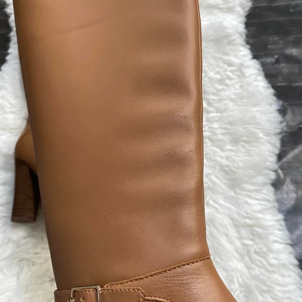 Nine West Brown Tan Knee High Faux Leather Boots Buckle Detail Quiet Luxury - Image 5