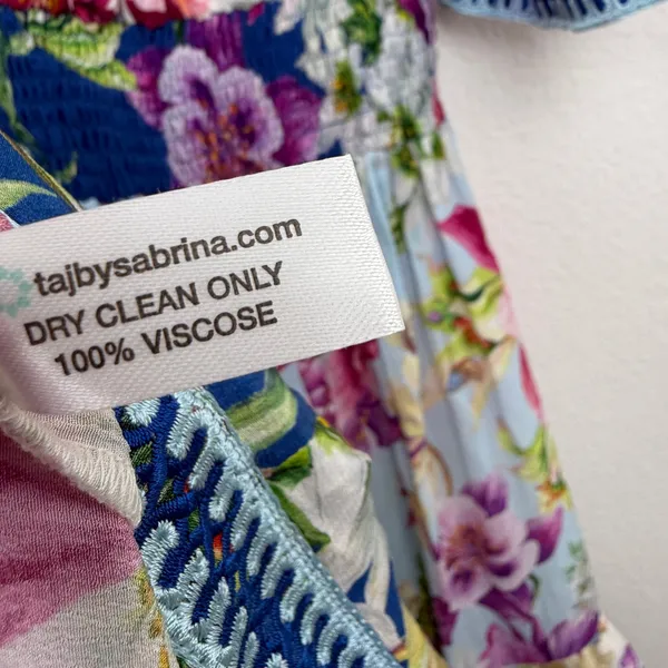 TAJ by Sabrina Crippa Dress Womens Size M Blue Floral Smocked Ruffle Mini Dress - Image 8