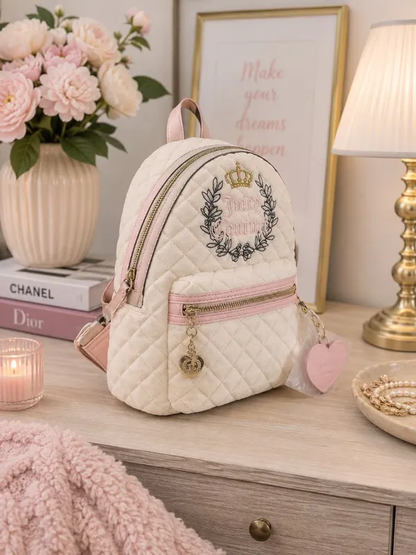 Juicy Couture Royal Moment Quilted Velour Medium Backpack Pink Heart NWT - Image 2