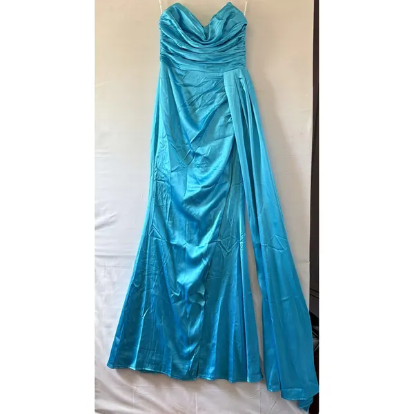 Lulus Turquoise Blue Satin Strapless Ruched Maxi Dress HD2848 Prom Gown - Image 5