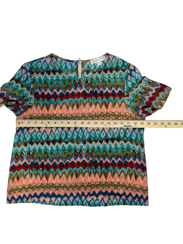 Amour Vert Multicolor Geometric Print 100% Silk Short Sleeve Blouse - Image 5