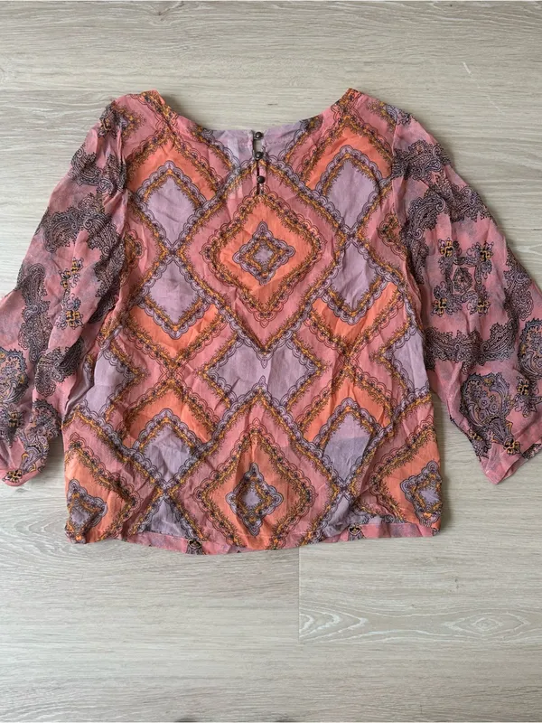 Anthropologie Ignacia Sheer Sequined Blouse Coral Gold Boho Top - Image 7