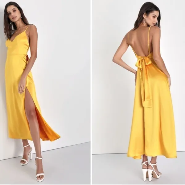 LULU's Prom Wedding Bridesmaid Glamorous Satin Open Tie Back Back Midi Dress - Image 3