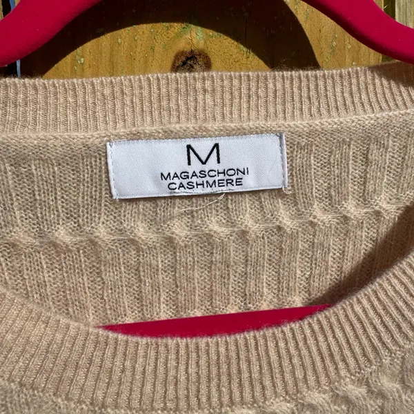 Magaschoni 100% Cashmere Short‎ Sleeve Sweater Cable Knit Beige Tan Womens S M - Image 8