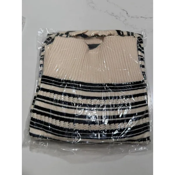 NEW Striped Cropped Sweater V Neck Cute Bow Tie Puff Sleeve S - Image 4