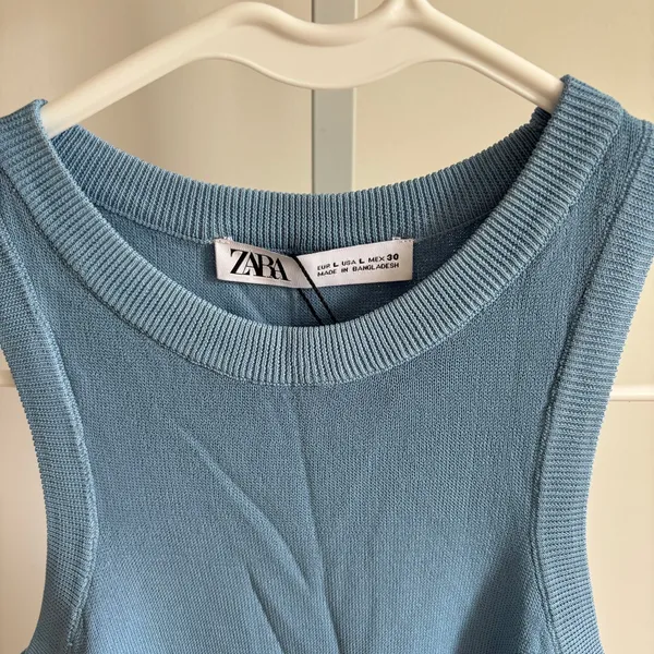 Zara NWT Women's Light Blue Ribbed Knit Tank Top High Neck Size L - Image 2