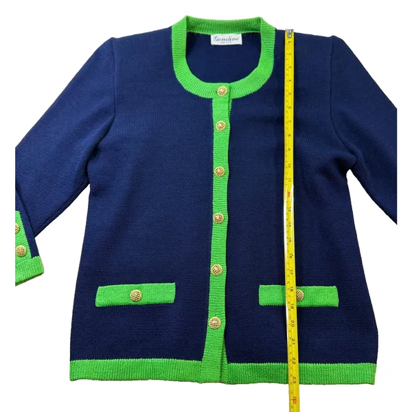 Vintage Gondine 2 Pc Knit Cardigan Pants Set Navy Green Shoulder Pads EUC - Image 8