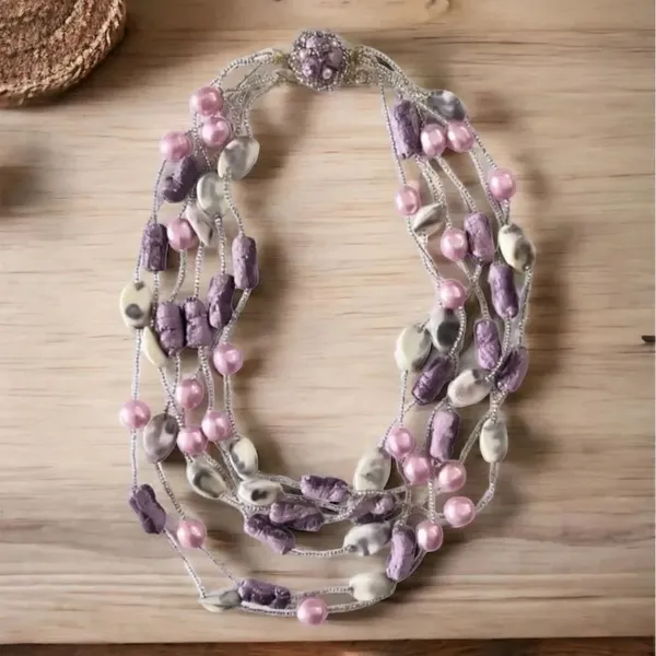 Vintage Japan Multi Strand Stone, Resin, Bead Necklace - Image 2