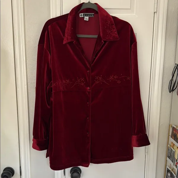 Vintage Y2K velvet beaded button down shirt Red Size XL - Image 2