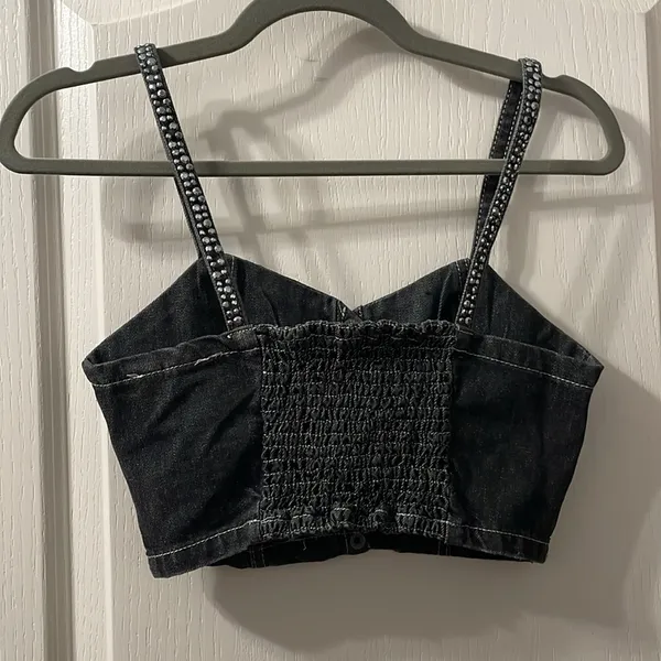 💙💖 NEW Boot Barn Denim Studded Cropped Bustier Top Gray Size XS - Image 4