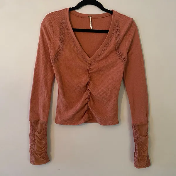 Free People Dusty Pink Romantic Lace V-neck Long Sleeve Top Rouched Women Small - Image 2