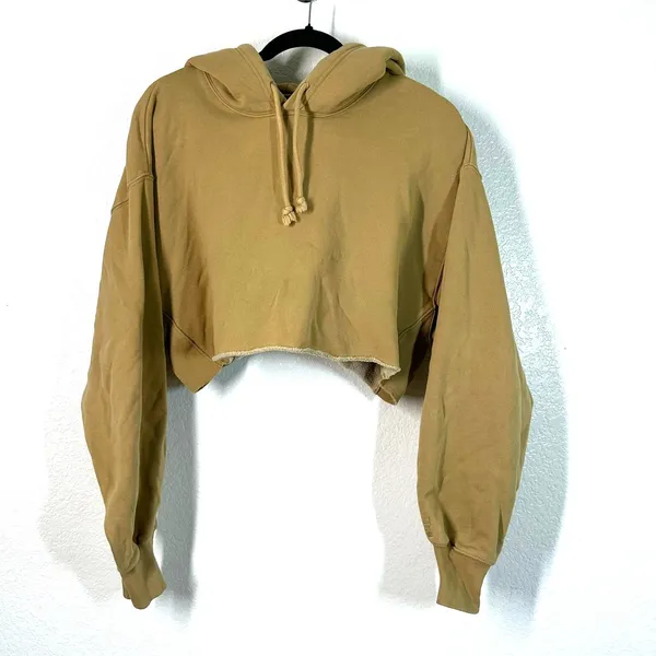 M Aritzia TNA Cozy Sweatfleece Perfect Crop Hoodie Sweatshirt Cropped Camel - Image 2