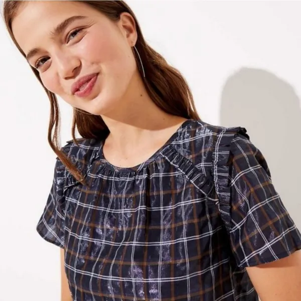 LOFT -289 Plaid Short‎ Sleeve Ruffle Shimmer Blouse Top Black Tan White Small - Image 2