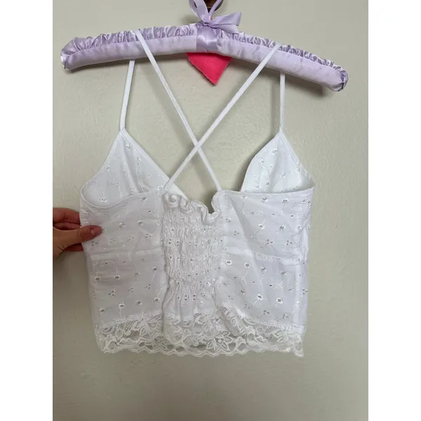 Handmade White Eyelet Lace Tank Top w Lace Trim Coquette Ruched Back - Image 4