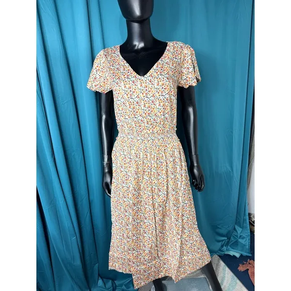 Candace Cameron Bure Floral Smocked Midi Dress‎ XS V-Neck Flutter Sleeve Blue - Image 2