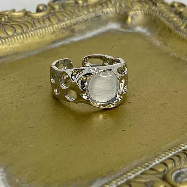 Silver Moonstone Gemstone Textured Antique Vintage Adjustable Open Ring - Image 2
