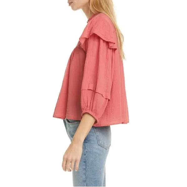 Free People Laura Western Top Red Berry Size XS Boho Embroidered FLAW Repaired - Image 2