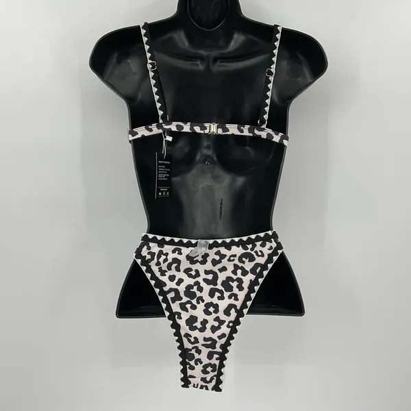 Bikinx Leopard Print Bikini Set Black White‎ Zigzag Trim Triangle Top Small NEW - Image 2