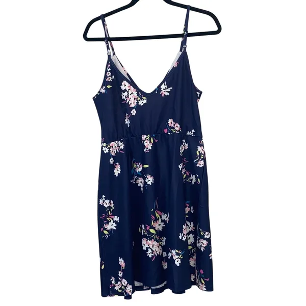 Navy Floral Wrap Dress XL Spaghetti Strap Sleeveless Sundress Stretch - Image 2