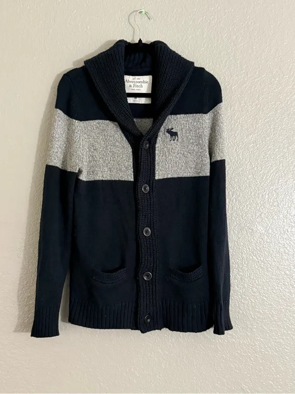 Abercrombie & Fitch Womens M Navy Gray Moose Shawl Collar Cardigan Sweater - Image 5