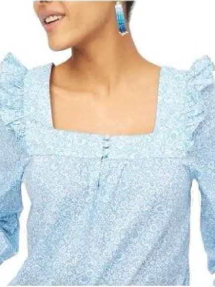 J Crew Factory Squareneck ruffle top puff sleeve blue cornflower white size S - Image 2