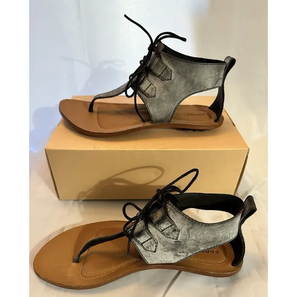 Boho Sorel Summer Boot Distressed Black Leather Lace Up Cage Sandals Size 9 - Image 4