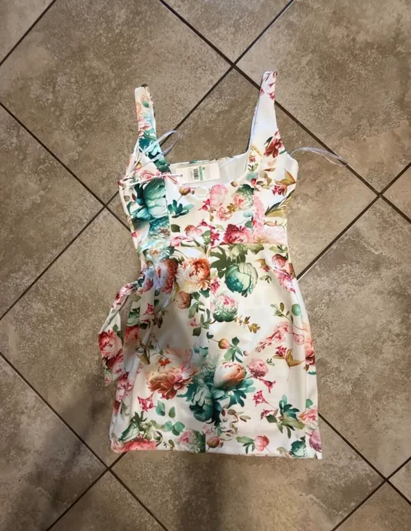 Siena Floral Print Square Neck Sleeveless Tie Waist Mini Dress Size 8 - Image 3