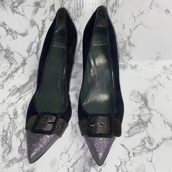 Stuart Weitzman Barrington Black Purple Glitter Buckle Heels Women's Size 9 - Image 2